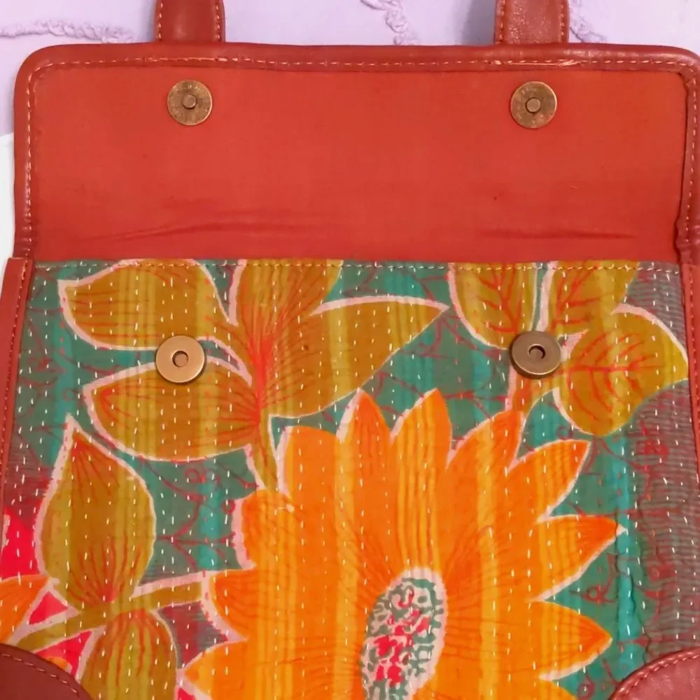 Kantha Envelope Bag Floral Quilted Clutch Magnetic Snaps Hand-stitched